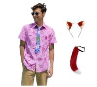 Voslett Costume Nick Wilde pour homme - Chemise cravate en peluche avec oreilles et queue - T-shirt imprimé - Pour Halloween, carnaval, fête, renard - Rose - Taille S