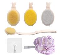 VOSSOT 3-en-1 Brosse Dos Douche avec Manche Long, avec Éponge Douche et Crochet Mural, Brosse pour le Dos Pliable à Têtes Interchangeables, Applicateur Crème Dos et Pieds, Brosse Dos Soin du Corps Set