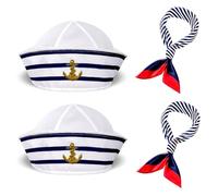 VOSSOT Ensemble bonnet de marinière à rayures et écharpe - Costume de marin pour homme et femme - Costume de capitaine pour homme et femme - Rayé bleu et blanc et bord rouge - Taille unique - 2