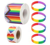 VOSSOT Pack de 1000 Autocollants LGBTQ Arc-en-ciel avec 4 Bracelets - Pack Gay Pride et Drapeau