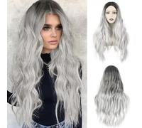VOSSOT Perruque de cheveux longs pour femme, gris, argent, élégante et confortable, ombrée, 66 cm