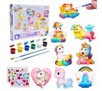 VOSSOT Platre Pour Moulage Enfant Figurine À Peindre - 8 Figurines Licorne En Plâtre Prêtes À Décorer, Kit Créatif DIY Avec 2 Feuilles Strass Autocollants, Cadeau Déco