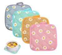 VOSSOT Set de 4 Maniques Cuisine 17x17cm, Maniques en Coton et Lin Résistantes à la Chaleur 100°C, Dessous de Plat Décoratifs avec Motif Marguerite avec Boucle de Suspension, Accessoires de Cuisine