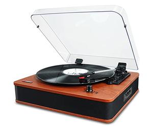 VOSTERIO Platine Vinyle Tourne Disque Bluetooth avec Haut-parleurs Stéréo, Rétro Lecteur Vinyles à 3 Vitesses, avec Encodage sur USB et SD, Radio FM, Entrée AUX, RCA, Affichage LED