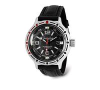 VOSTOK | Classic Amphibian Montre de plongée russe à remontage automatique | WR 200 m | Mode | Affaires | Montres décontractées pour hommes | Modèle 420640, cuir noir, Plongeur, remontage automatique