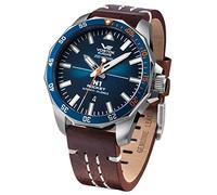 Vostok Europe Montre pour Homme avec Bracelet en Cuir Cousu Vintage N1 Rocket Automatique 20 ATM SII NH35A Date, 225a615 - Bleu pétrole/Marron, Sangle