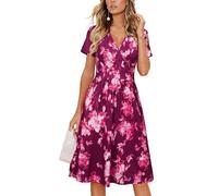 VOTEPRETTY Femme Robe d'été Manches Courtes Encolure en V Robe Portefeuille Mi-Longues Robe avec Poches