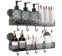 Votoko Étagère Salle de Bain, Lot de 2 Étagères de Douche Sans Perçage avec 4 Ventouses et 8 Crochets, Étagère Murale Salle de Bain pour Salle de Bain et Cuisine（Gris）