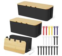 Votoko Lot de 3 Boite Cache Cable, Boite Multiprise avec Couvercle en Bois, Boite Rangement Cache avec 20 Attaches pour Câbles pour Cacher et Organiser Les Câbles, Grande, Moyenne et Petite (Blanc)