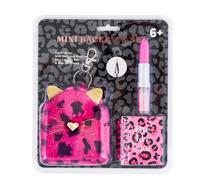 VOTUM Porte-clés léopard rose pour sacs à dos, sacs à main, clés de voiture avec ensemble de papeterie - Comprend un mini carnet, un stylo gel, une gomme, des autocollants - Cadeau amusant pour les