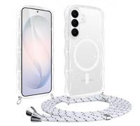 Votvloay Magnétique Coque pour Samsung Galaxy S26 avec Cordon,Glitter Transparent Paillettes Arrière Housse avec Réglable Collier Étui Antichoc Cadre Ondulé Case,[Compatible avec MagSafe],Blanc-Gris