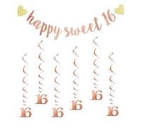 Votvlog Lot de 7 décorations pour 16e anniversaire, décorations de fête d'anniversaire, guirlande à thème Sweet 16 Happy Birthday, chiffres 16 drapeaux en spirale, pour fête d'anniversaire, fond photo