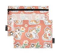 voucong All Saints' Cartoon Bengal Cats Terracotta Lot de 2 grands trousses à crayons avec fenêtre transparente et œillets renforcés pour fournitures de bureau
