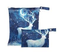 voucong Art Blue Painting Deer Elk Moon Lot de 2 grands sacs humides réutilisables pour bébés avec poignées pour la garderie