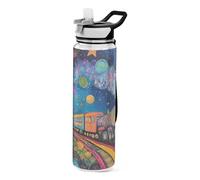 voucong Bouteille d'eau fine en plastique Tritan sans BPA et non toxique avec paille pour la course à pied - Motif planète colorée - 946 ml
