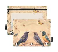 voucong Chic European Starling Birds Peach Lot de 2 trousses à crayons en plastique à fermeture éclair avec fenêtre transparente et œillets renforcés