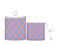 voucong Lot de 2 bacs de rangement décoratifs en plastique transparent motif damier bleu-orange avec couvercle pour commode, cure-dents
