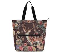 voucong Sika Sac fourre-tout réutilisable avec fermeture éclair pour enfants, étudiants, adultes, motif cerf, fleurs et fleurs