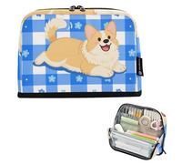 voucong Trousse à crayons de grande capacité multifonction pour adolescents garçons fournitures scolaires motif chien dessin animé grille bleue blanche