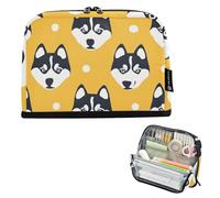 voucong Trousse à crayons de grande capacité, trousse de maquillage multifonctionnelle pour enfants, voyage, ligne simple, visages de chien de dessin animé, noir sur jaune