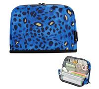 voucong Trousse à crayons grande capacité avec fermeture éclair pour voyage Preppy Motif léopard Bleu
