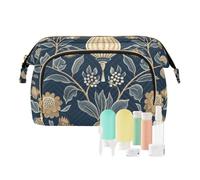 voucong Trousse de maquillage avec fermeture éclair pour femme - Pour voyage - Style William Morris - Style rustique ethnique floral - Bleu foncé