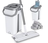 VOUNOT® Balai Microfibre et Seau Essoreur avec 6 serpillères Réutilisables Balai Plat Seau Auto Lavage Double Compartiment Humide et Sec Manche INOX Rotatif 360° Tous Type de Sol Blanc