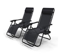 vounot® Chaise Longue Inclinable en Textilene avec Porte Gobelet Et Portable Noir Lot de 2