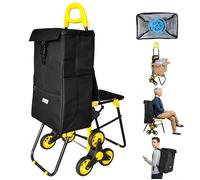 VOUNOT® Chariot de courses 4 en 1 pliable avec siège, Sac amovible isotherme 40L, 6 Roues monte escalier, Jaune