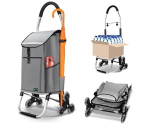 VOUNOT® Chariot de Courses 6 Roues en Aluminium avec Compartiment Impermeable Isotherme et Crochets Caddie de Courses Pliable 3 en 1 Sac Chariot Montant Escalier Gris