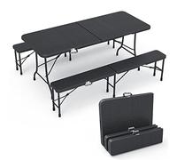 vounot® Ensemble Table Pliante et Bancs Pliables Camping 180cm HDPE Style Polyrotin 8 Places Fonction Portable Convient pour la Terrasse, Le Camping, Le Jardin, Table de Pique-Nique Noir