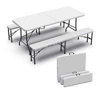 vounot Ensemble Table Pliante et Bancs Pliables Camping 180cm HDPE Style Polyrotin 8 Places Fonction Portable Convient pour la Terrasse, Le Camping, Le Jardin, Pique-Nique Blanc