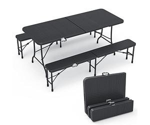 vounot® Ensemble Table Pliante et Bancs Pliables Camping 180cm HDPE Style Polyrotin 8 Places Fonction Portable Convient pour la Terrasse, Le Camping, Le Jardin, Table de Pique-Nique Noir