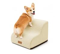 vounot® Escalier pour Chien et Chat à 2 Marches en Mousse Haute Densité Antidérapante Déhoussable Lavable Rampe pour Chien Accès Canapé Lit pour Animaux Âgés ou Blessés avec Poignée Beige