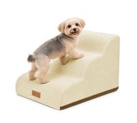 vounot® Escalier pour Chien et Chat à 3 Marches en Mousse Haute Densité Antidérapante Déhoussable Lavable Rampe pour Chien Accès Canapé Lit pour Animaux Âgés ou Blessés avec Poignée Beige
