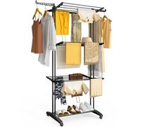 vounot® Étendoir à Linge à 4 Niveaux 125x62x173cm Sechoir à Linge Pliable Grande Capacité avec roulettes Ailes latérales Utilisation Intérieure et Extérieure Noir