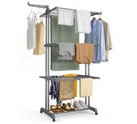 vounot® Étendoir à Linge à 4 Niveaux 126x63x170cm Sechoir à Linge Grande Capacité Pliable avec roulettes Ailes latérales Utilisation Intérieure et Extérieure Gris