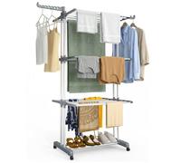 vounot® Étendoir à Linge à 4 Niveaux 126x63x170cm Sechoir à Linge Grande Capacité Pliable avec roulettes Ailes latérales Utilisation Intérieure et Extérieure Gris Blanc