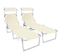 vounot Lot de 2 Chaise Longue Bain de Soleil avec Pare Soleil | Transat Pliable avec Parasol | Bain De Soleil inclinable en Polyester | Charge Max 110KG | Chaise Longue réglable Beige