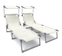 vounot® Lot de 2 Chaise Longue Bain de Soleil avec Pare Soleil Transat Pliable en Textilène avec Parasol Bain De Soleil inclinable en Textilène avec Charge Max 110KG Chaise Longue réglable Beige