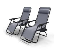 vounot® Lot de 2 Chaise Longue inclinable avec Support de Gobelet Amovible Chaise de Jardin Pliable en Textilène Chaise Longue avec Rembourrage de Tête Amovible Charge Max 120KG Gris