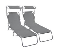 vounot® Lot de 2 Chaise Longue avec Pare Soleil Bain de Soleil Pliable Tissu Polyester Inclinable 4 Positions Transat Charge Max 120KG pour Jardin Terrasse Piscine Plage Camping Gris