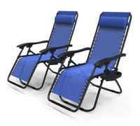 vounot® Lot de 2 Chaise Longue inclinable avec Support de Gobelet Amovible Chaise de Jardin Pliable en Textilène Chaise Longue avec Rembourrage de Tête Amovible Charge Max 120KG Bleu