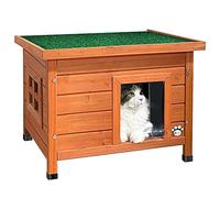 VOUNOT Maison pour Chat en bois avec toit bitumé autoportant et porte à lamelles PVC