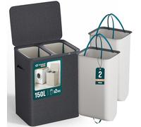 VOUNOT® Panier à Linge 150L Rectangulaire à 2 Compartiments Grande Capacité avec Couvercle et 2 Sacs Amovibles Auto-Ajustable avec Poignées pour Salle de Bain Chambre Famille et Buanderie Anthracite