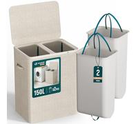 VOUNOT® Panier à Linge 150L Rectangulaire à 2 Compartiments Grande Capacité avec Couvercle et 2 Sacs Amovibles Auto-Ajustable avec Poignées pour Salle de Bain Chambre Famille et Buanderie Beige
