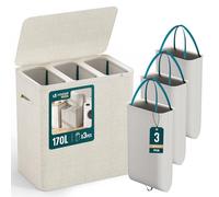 VOUNOT® Panier à Linge 170L Rectangulaire à 3 Compartiments Grande Capacité avec Couvercle et 3 Sacs Amovibles Auto-Ajustable avec Poignées pour Salle de Bain Chambre Famille et Buanderie Beige