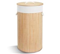 VOUNOT® Panier à Linge 58L Rond en Bambou Corbeille à Linge Pliable avec Couvercle et 2 Sacs Amovibles pour Salle de Bain Chambre et Buanderie Teinte Bois Naturel