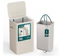 VOUNOT® Panier à Linge 90L Rectangulaire avec Couvercle Sac Amovible Auto-Ajustable avec Poignées Corbeille à Linge pour Salle de Bain Chambre et Buanderie Beige