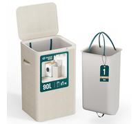 VOUNOT® Panier à Linge 90L Rectangulaire avec Couvercle Sac Amovible Auto-Ajustable avec Poignées Corbeille à Linge pour Salle de Bain Chambre et Buanderie Beige